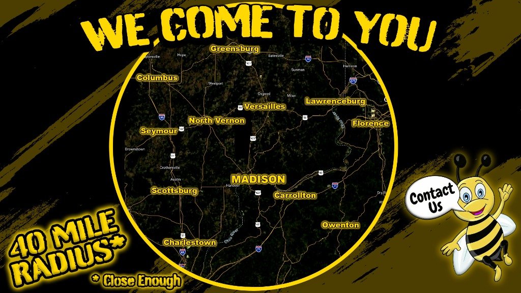 B-Rite Autoglass 40-mile mobile service radius map centered on Madison Indiana covering Buckner, KY